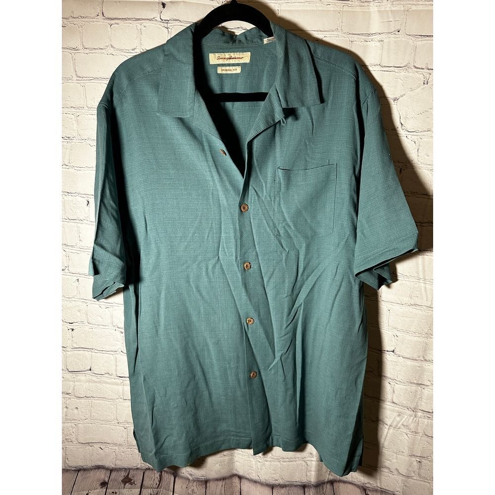 TOMMY BAHAMA MENS TEAL SHORT SLEEVE 100% SILK SHIRT SZ (L)  EUC